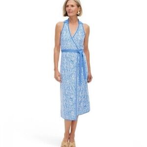 Diane Von Furstenberg Collared Sleeveless Sea Twig Blue Sweaterknit Midi Dress